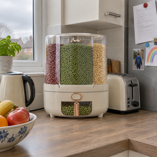 Rotating cereal dispenser on a kitchen worktop