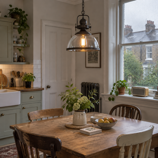 Clear glass pendant light over a dining table
