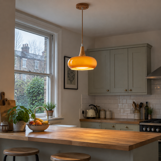 Coloured glass pendant light over a breakfast bar