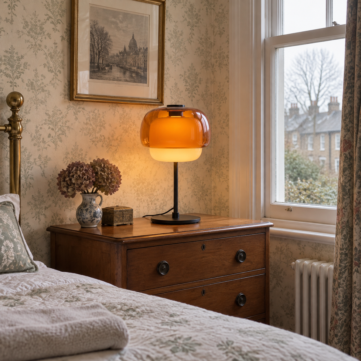 Coloured glass double dome table lamp on a chest of drawers