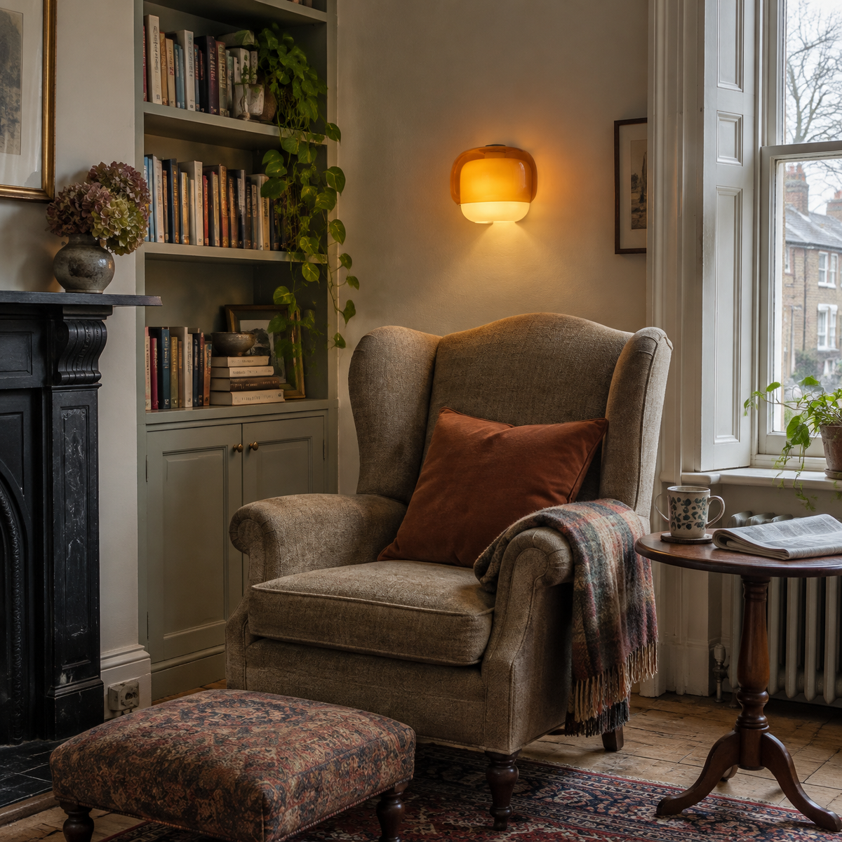 Coloured glass wall reading light above an armchair