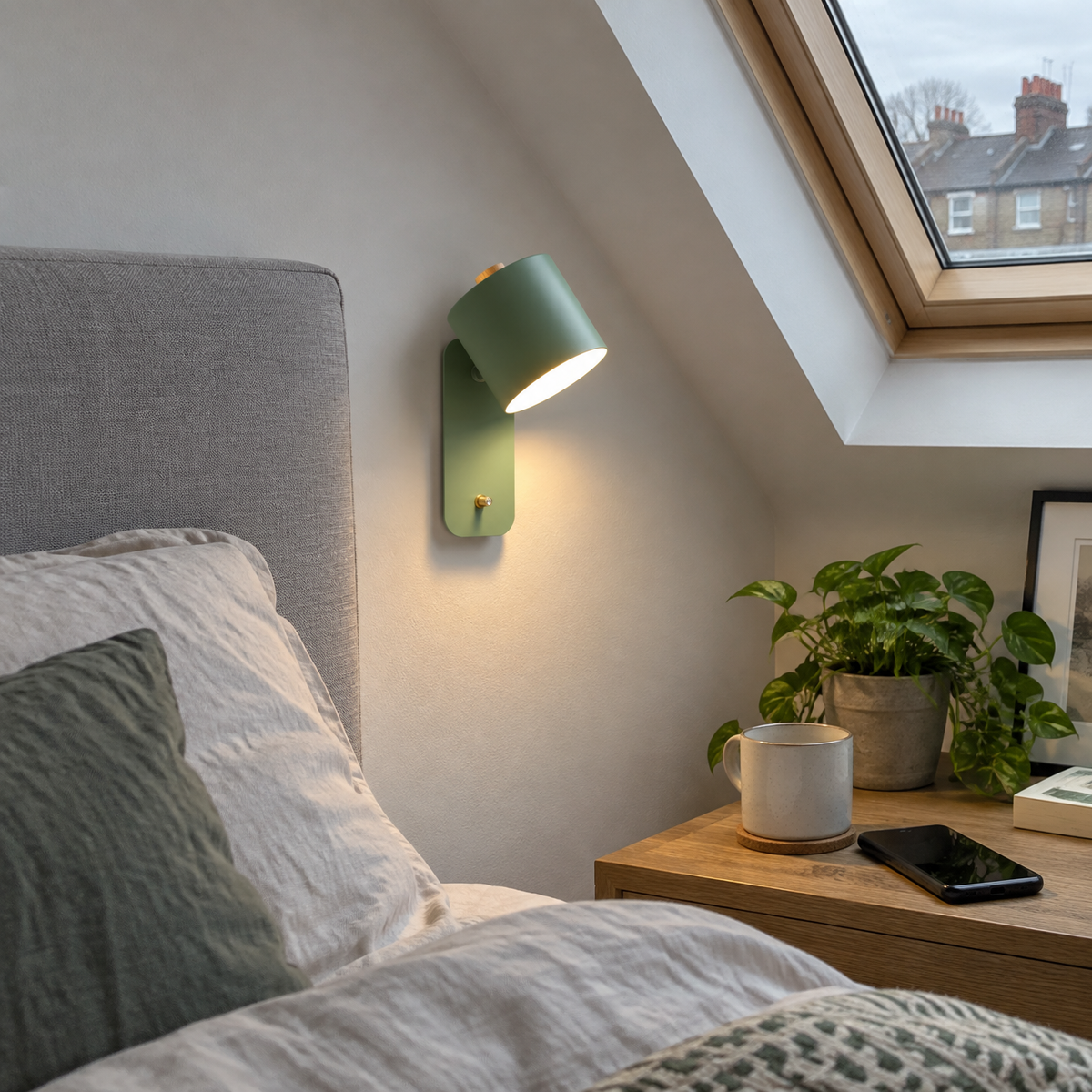 Compact LED wall lamp beside a bed