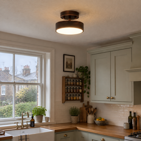 Copper flush ceiling light in a kitchen