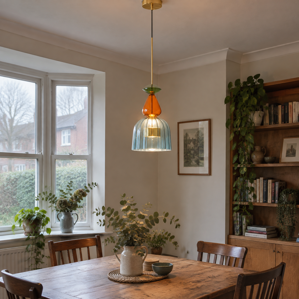 Glass and copper pendant light over a dining table