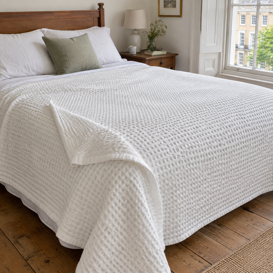 Cotton waffle weave cooling blanket on a double bed