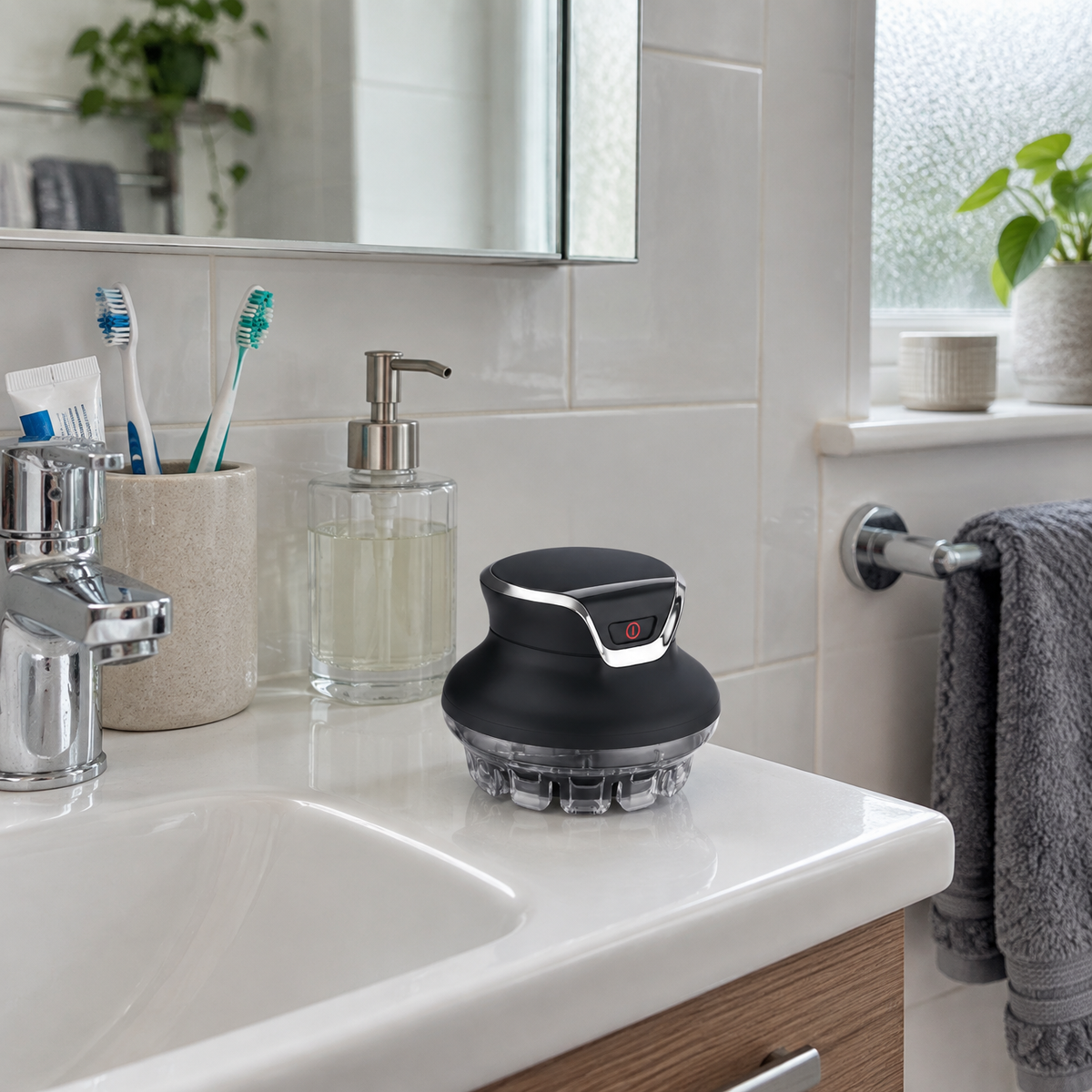 Cordless hair clipper on a bathroom shelf