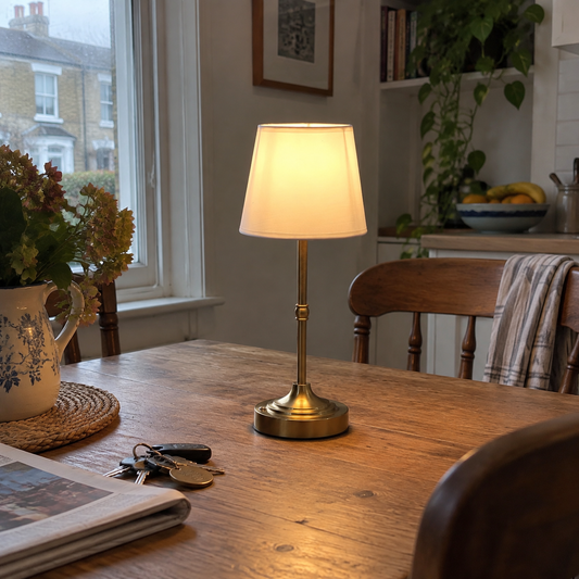 Cordless rechargeable table lamp on a dining table