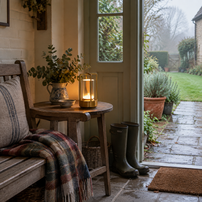 Cordless lantern lamp on a porch table