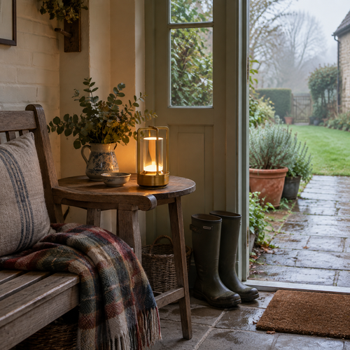 Cordless lantern lamp on a porch table