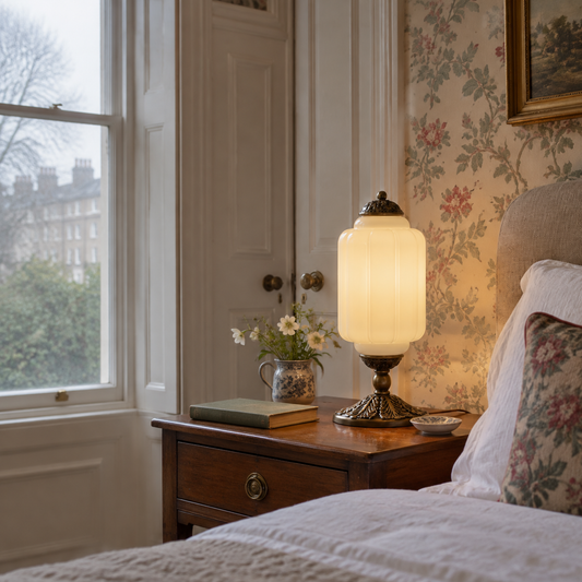 Cream glass table lamp on a bedside table