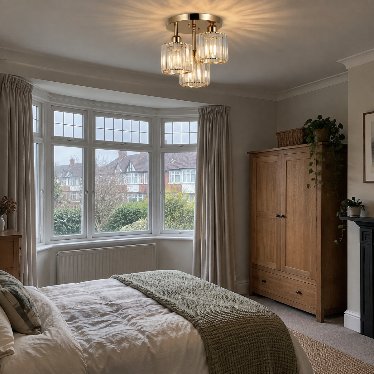 Crystal semi flush ceiling light in a bedroom