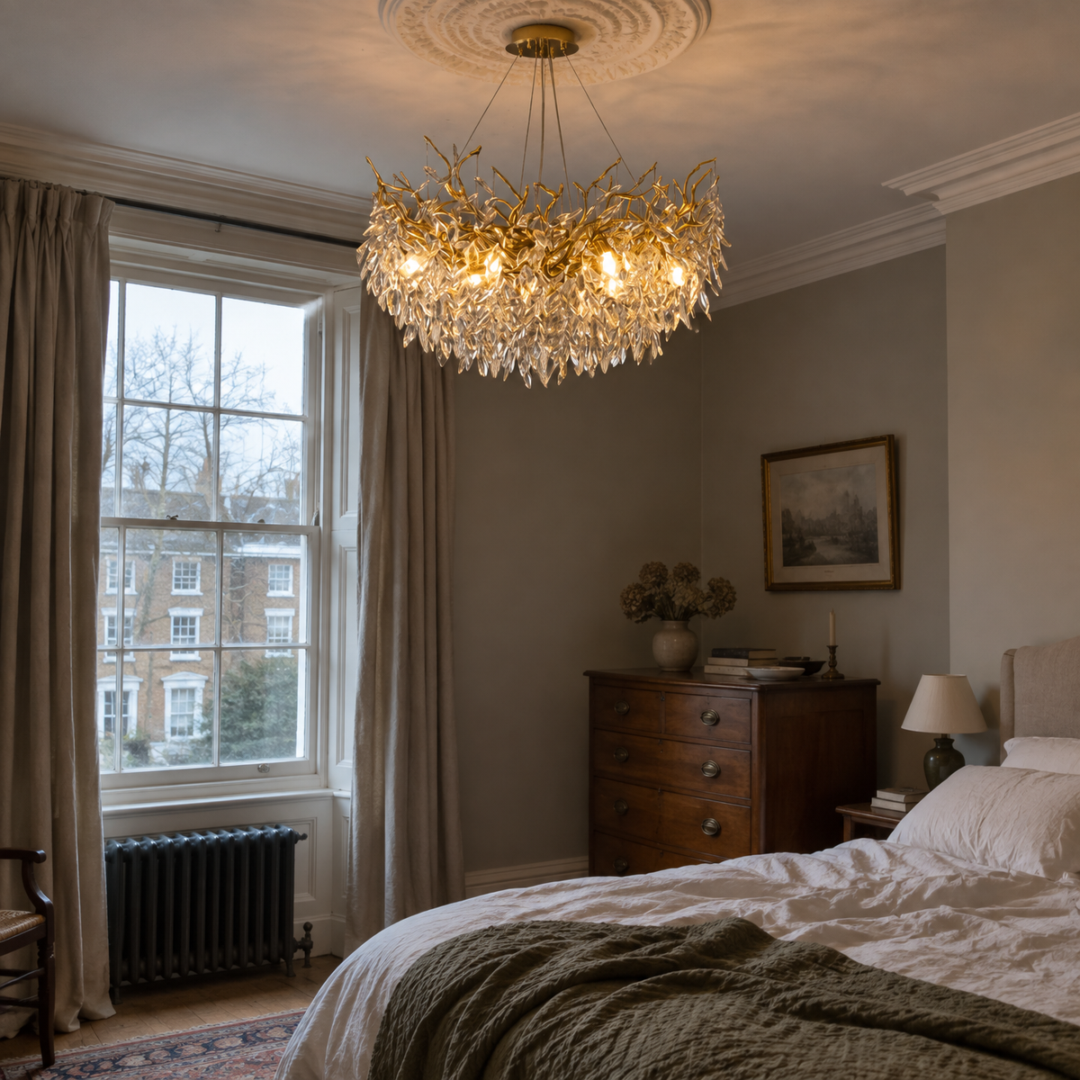 Crystal chandelier in a bedroom