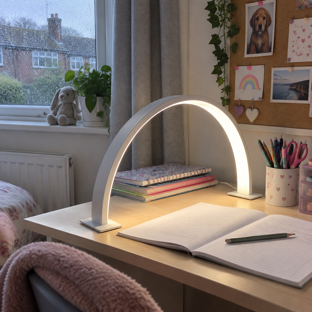 Crescent moon desk lamp on a child's desk
