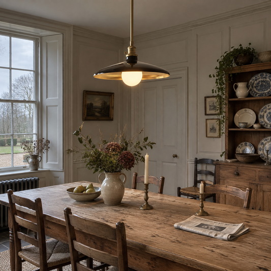 Antique brass crystal chandelier in a country dining room