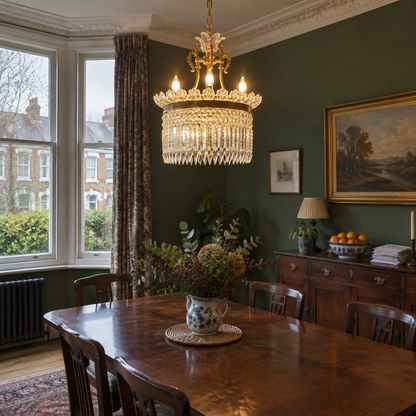 Brass crystal chandelier over a Victorian dining table