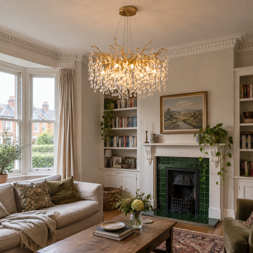 Clear glass and metal chandelier in an Edwardian sitting room