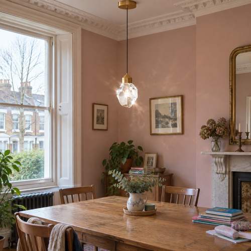 Clear crystal pendant light above a dining table
