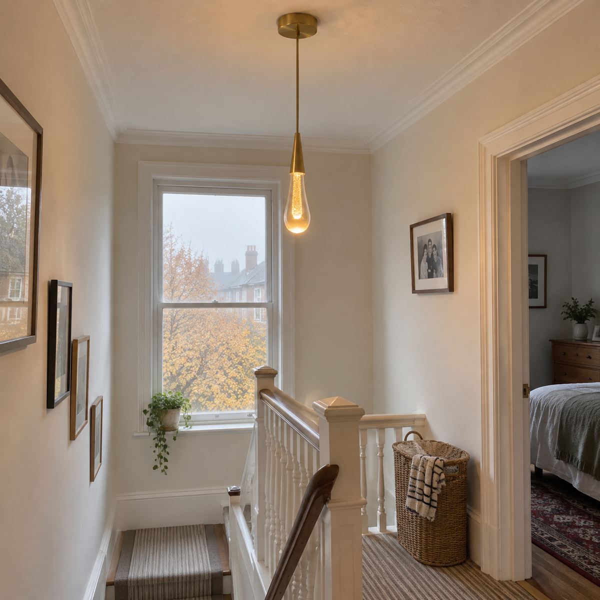 Clear crystal LED pendant on a house landing