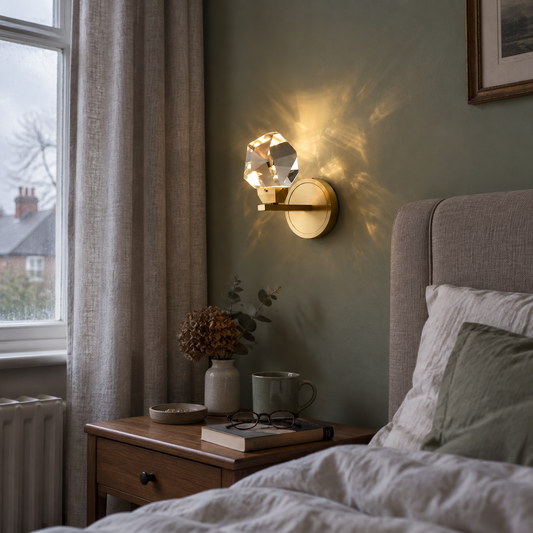 Crystal pendant light hanging beside a bed