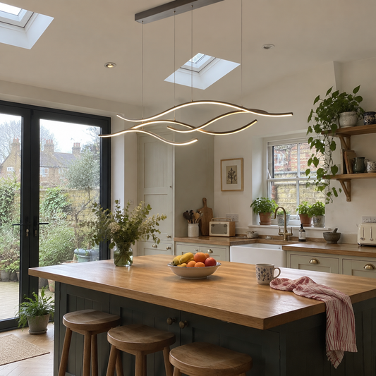 Curved LED pendant light above a kitchen island
