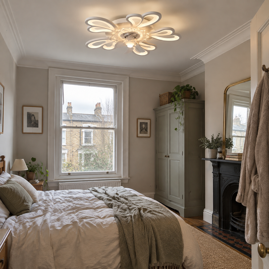 Decorative ceiling fan with light in a bedroom