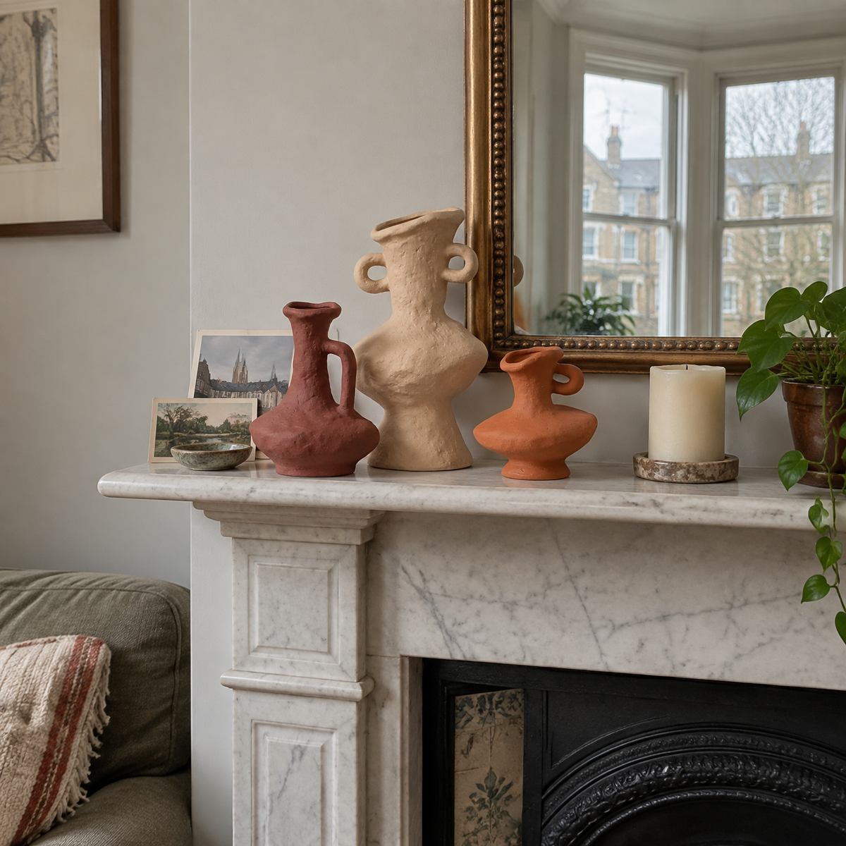 Sculptural textured vase on a mantelpiece
