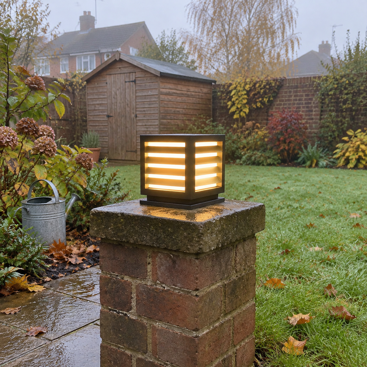 Outdoor LED pillar light on a garden path