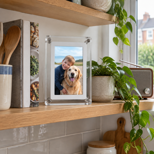 Acrylic digital photo frame on a kitchen shelf
