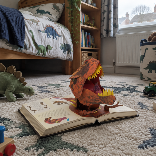 Dinosaur pop-up book open on a child's bedroom floor