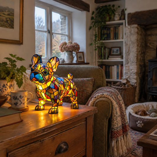 Stained glass dog lamp on a side table