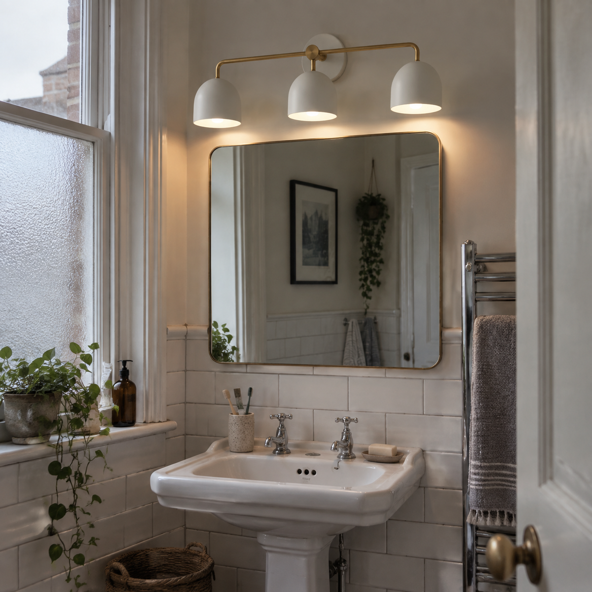 Dome vanity sconce beside a bathroom mirror