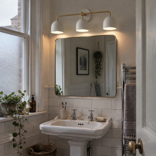 Dome vanity sconce beside a bathroom mirror