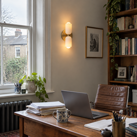 Cream double head wall sconce in a study