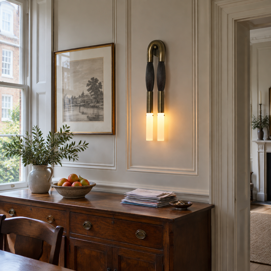 Glass double wall sconce above a sideboard