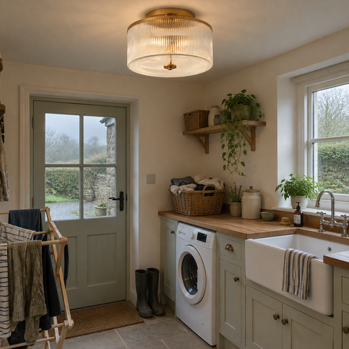 Ribbed glass drum ceiling light in a utility room