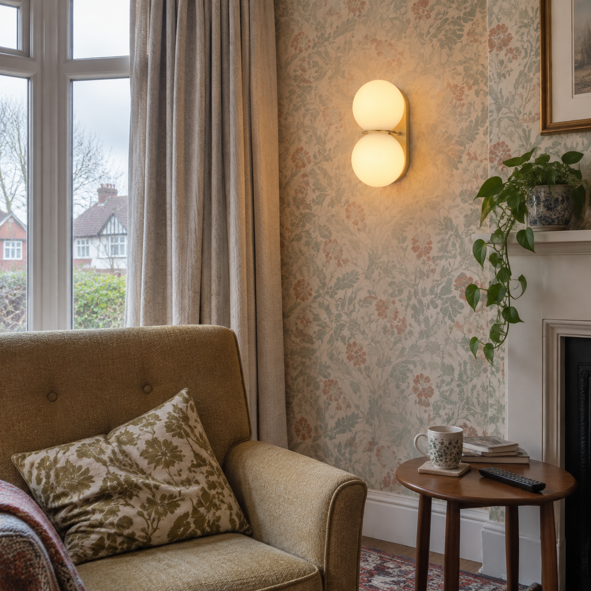 Duo sphere wall sconce in a sitting room