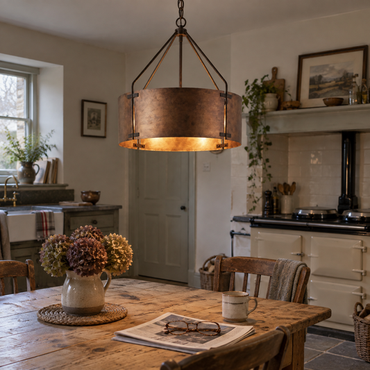 Bronze drum shade pendant over a farmhouse table