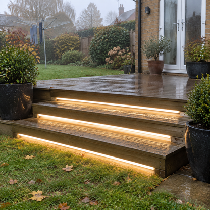 LED strip lights on garden deck steps