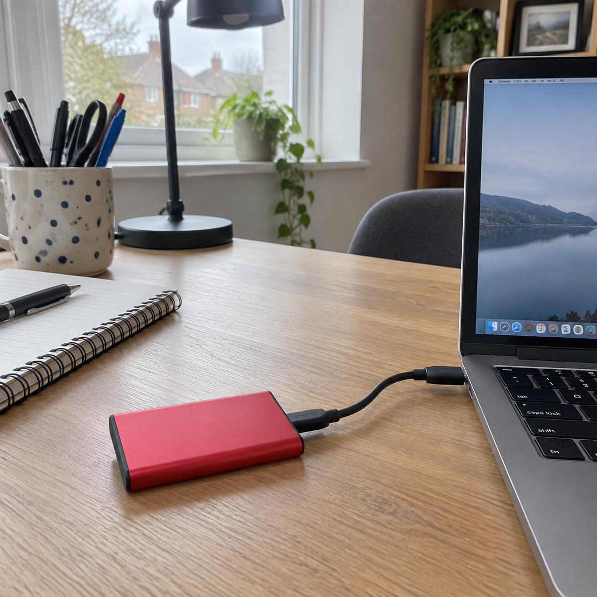 Portable USB-C SSD connected to a laptop
