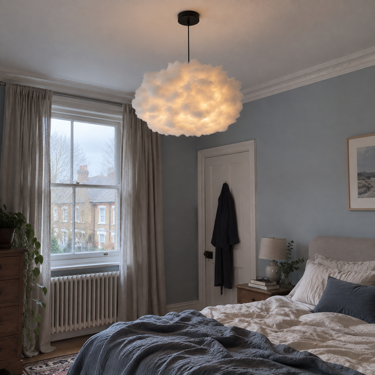 Fabric pendant light in a bedroom