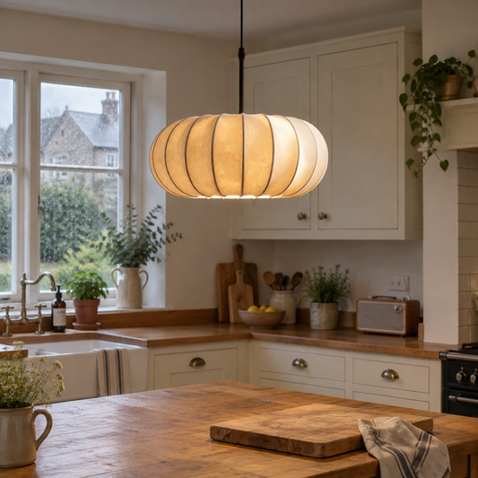 Farmhouse fabric pendant above a kitchen island