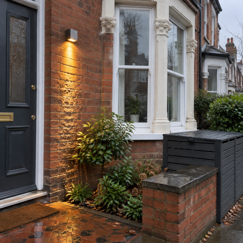 LED facade spotlight on a brick house front