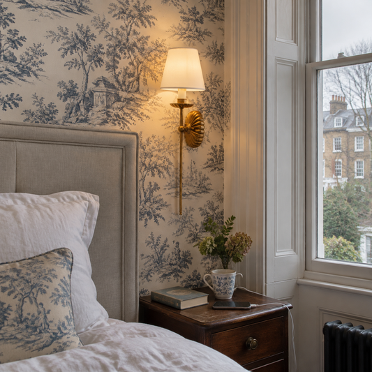 French style fabric wall sconce by a bed