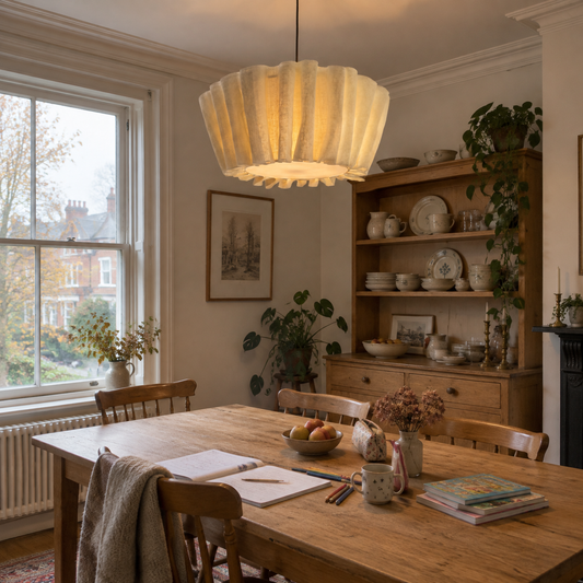 Handmade fabric pendant light in a dining room