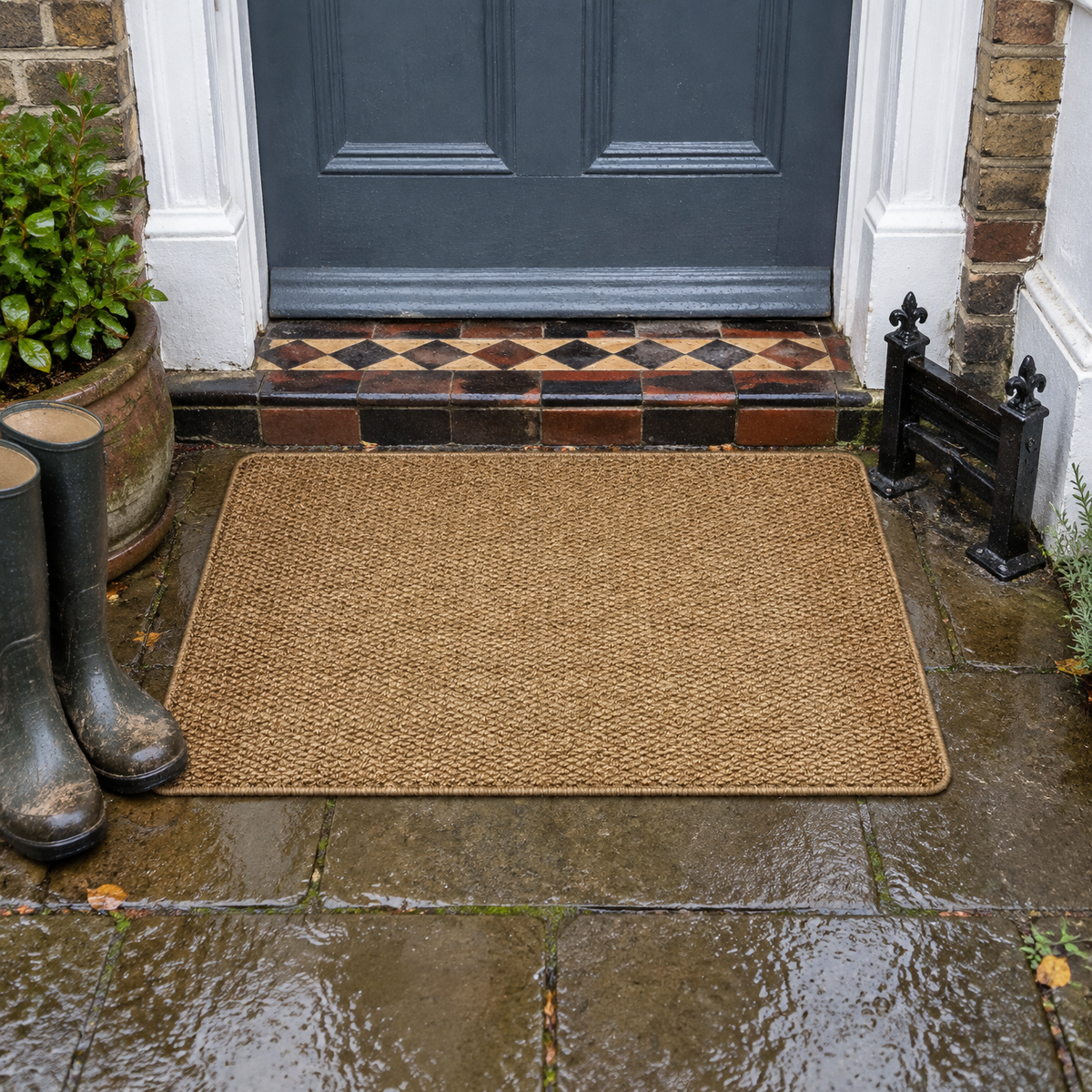 Faux jute doormat at a front door