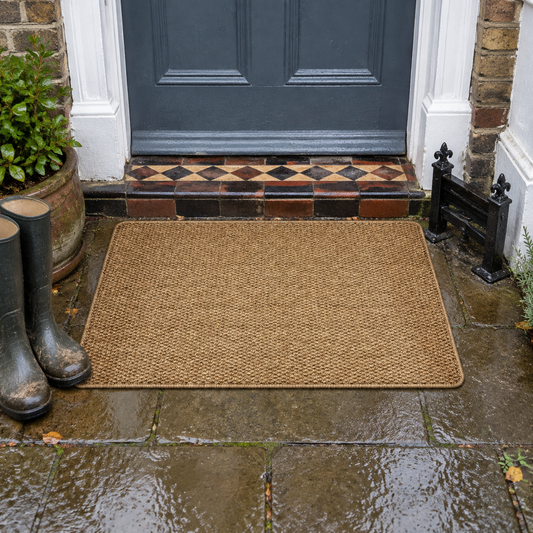 Faux jute doormat at a front door