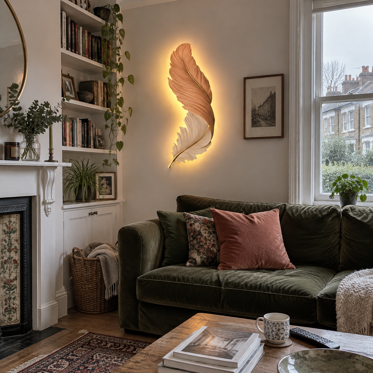 Feather LED wall lamp above a sofa