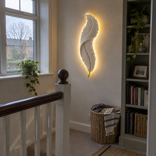 White feather LED wall light on a landing