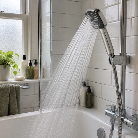 Filtered shower head spraying water over a bath