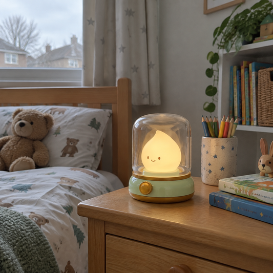 Flame night light on a bedside table
